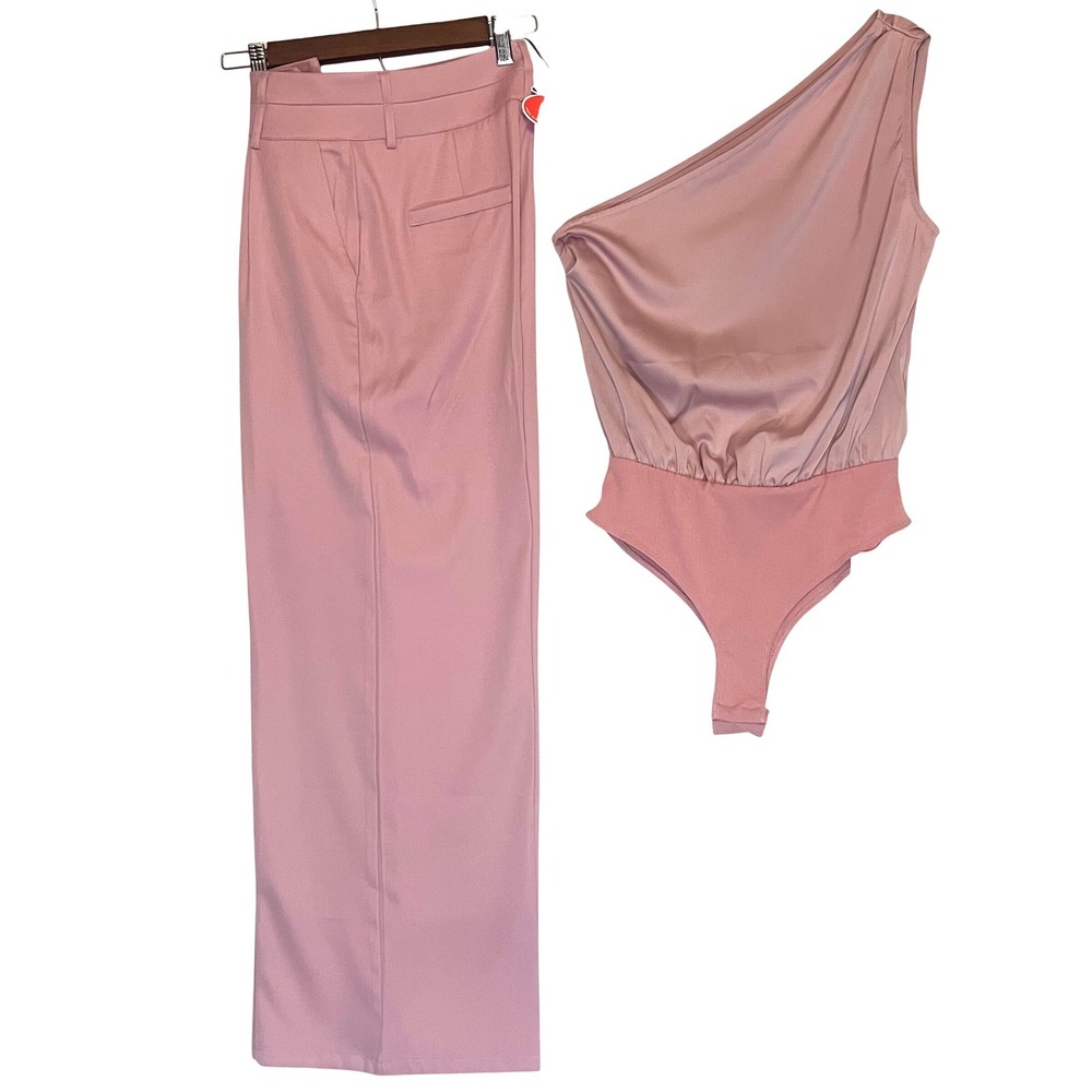 Pink 2 Piece Set Romantic One Shoulder Bodysuit Wide Leg Pants Small Fits 4 NEW